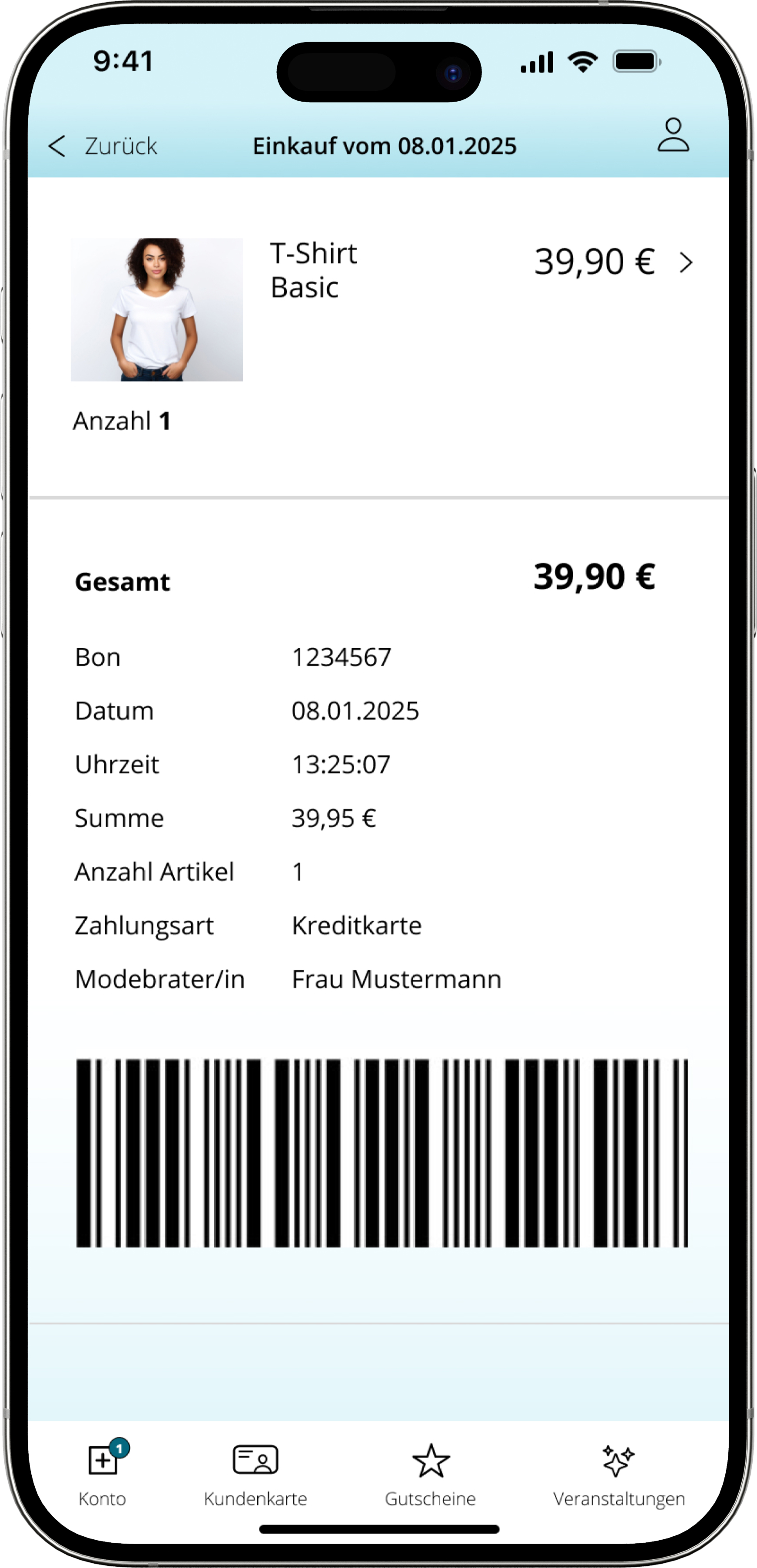 Mode+App Übersicht digitaler Kassenzettel mit gekauftem Produkt und Gesamtwert des Einkaufs