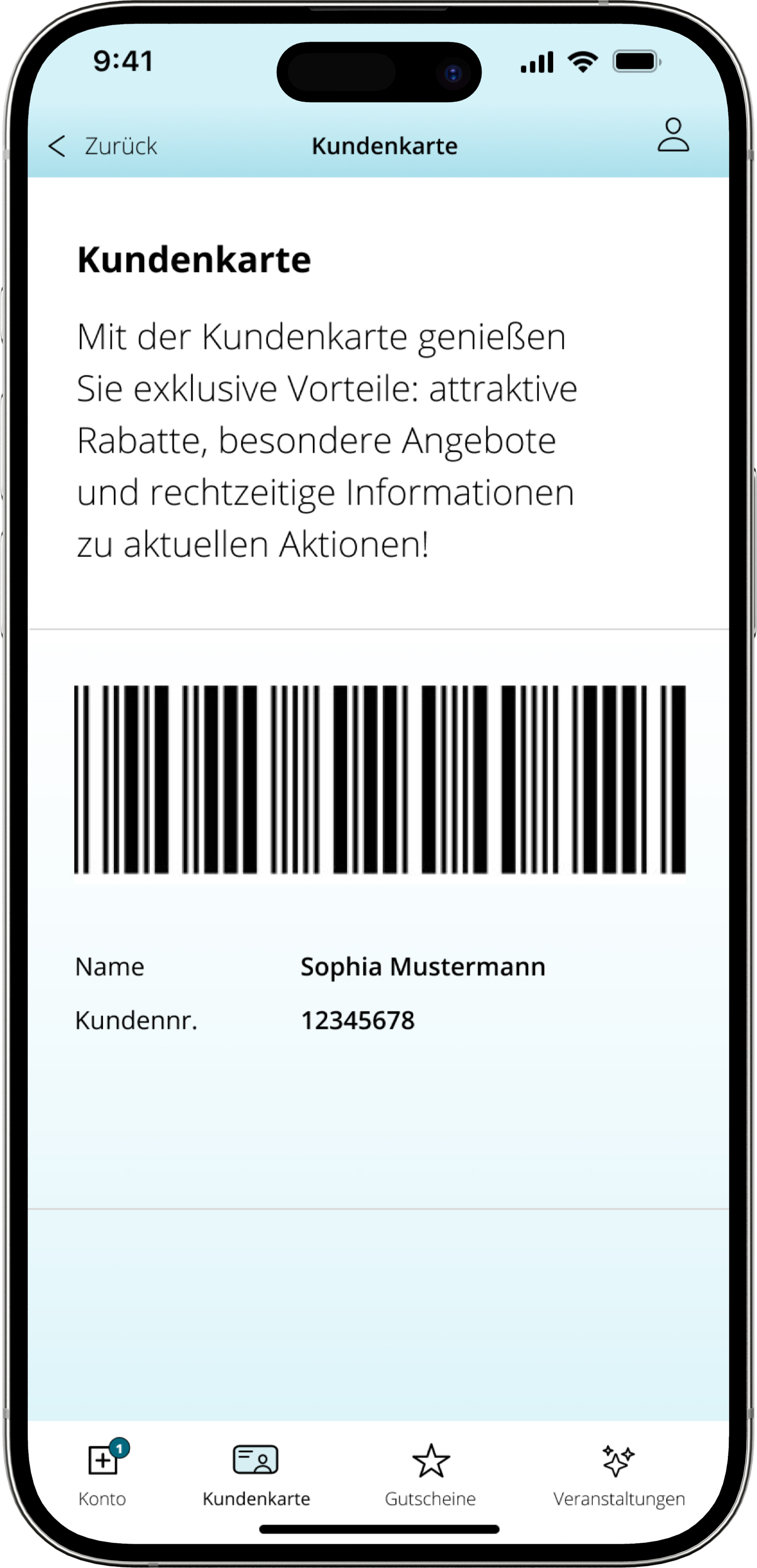 Mode+App Übersicht der Kundenkarte mir Name, Kundennummer und Barcode