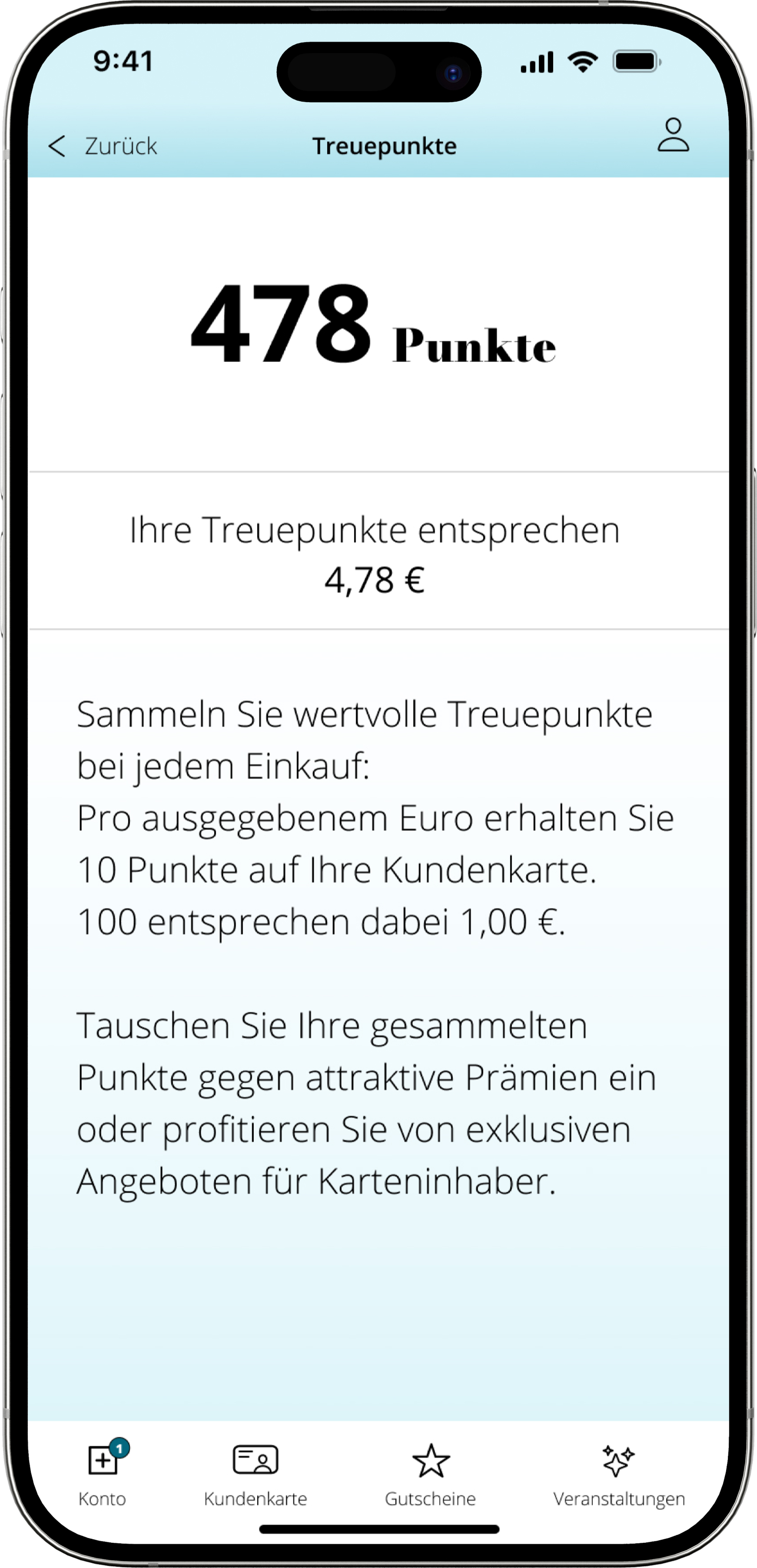 Mode+App Übersicht der Treuepunkte und Umrechnung der Punkte in Euro